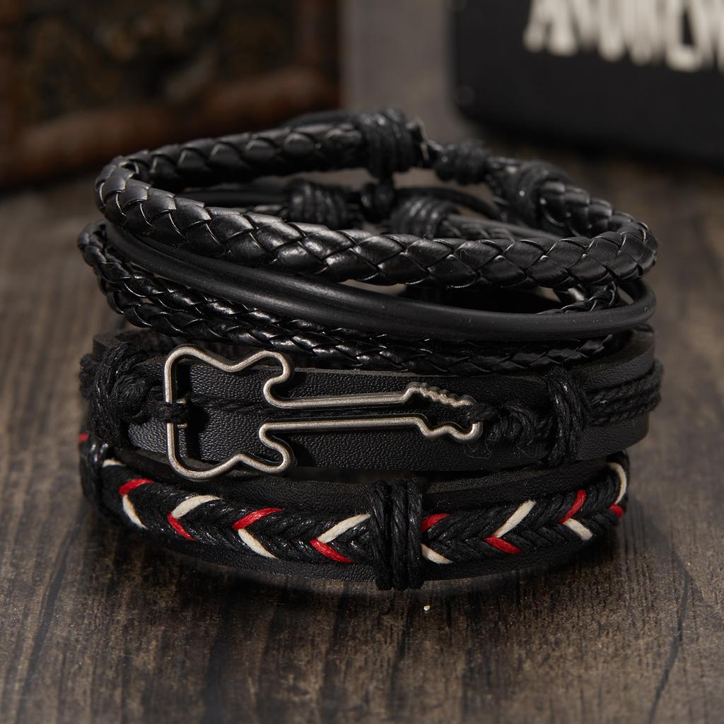 Trendy Braided Wrap Leather Bracelets Men Vintage Cross Dumbbell Guitar Charm Wood Beads Male Wristbands Jewelry Pulsera Hombre