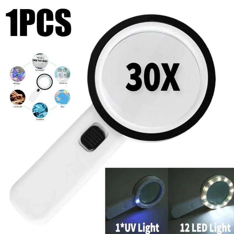 30x Handheld Magnifier 12 Led Illuminated Light With Uv Light Portable Magnifying Loupe For Reading Jewelry Watch Repair