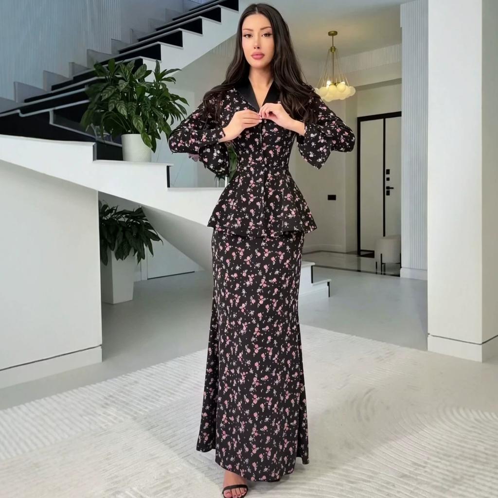 Spring and Autumn new European, American and Amazon cross-border V-neck floral long-sleeved top, fishtail skirt set