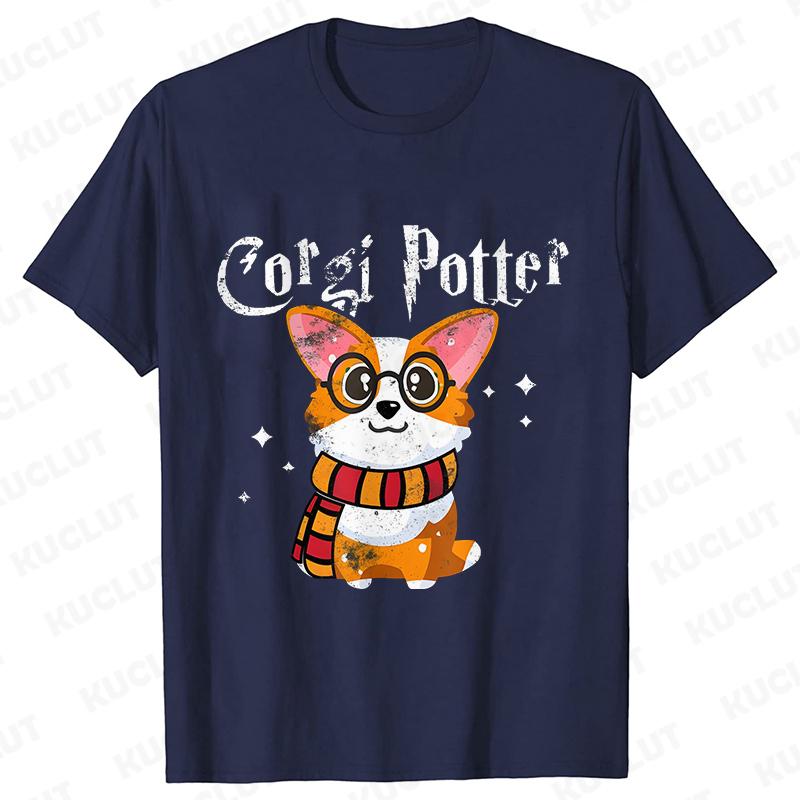 Kawaii Corgi Potter T-Shirt for Women Clothing Fashion Corgi Dog Lovers Cute Graphic Tees Short Sleeve Shirt Femme Streetwear