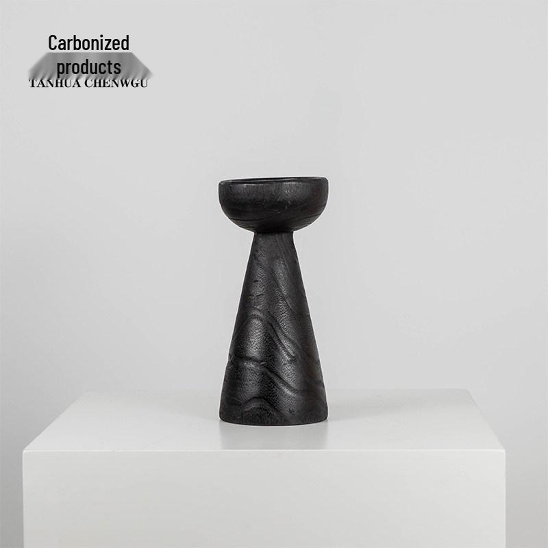 Wabi-Sabi Carbonized Wood Candle Holder - Japanese Zen Style Tabletop Ornament