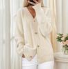 Herbst Winter Einfarbig Langärmliger V-Ausschnitt Strickjacke Brusttaschen Damen Top Mode Jacquard Pullover Vielseitiger Mantel Weiblich