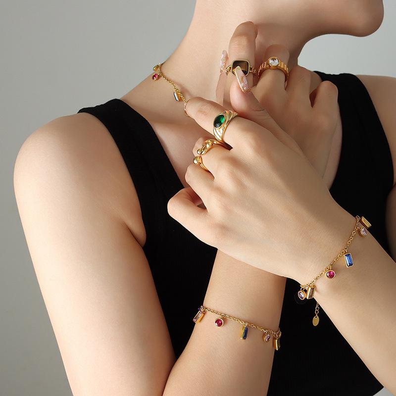 Luxury Multi-color Zircon Jewelry Set: Tassel Necklace with Niche Design Titanium Steel Bracelet
