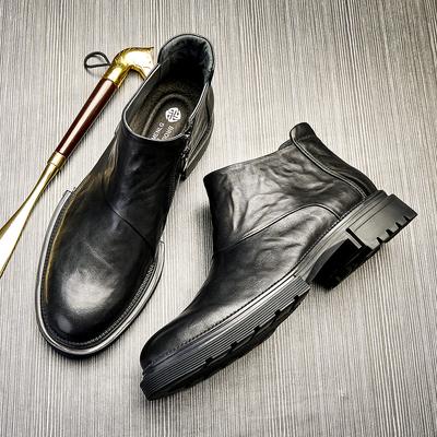 Platinum Wei Boots Men'S British Style Mid-Top Leather Boots Leather Round Head Shoes Side Zipper Fashion Chelsea Short Boots Tide