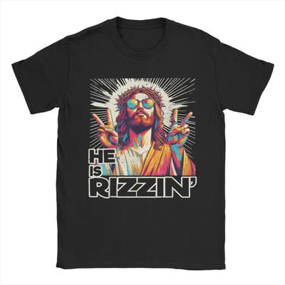 Retro On Jest Rizzin Zabawny Jezus Zmartwychwstał Wielkanocna Chrześcijańska Koszulka Unisex Koszulki Letnia Koszulka z Okrągłym Dekoltem Luźne Oversizowe Topy Unisex