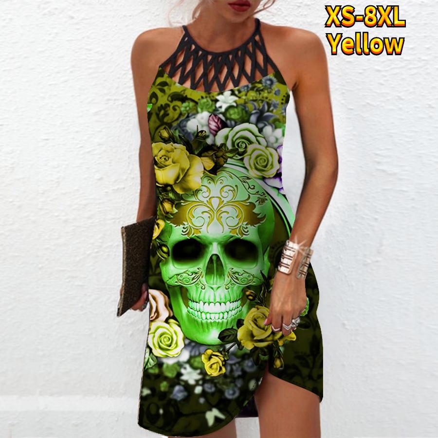 

Летнее модное сексуальное платье без рукавов, мягкое повседневное платье с 3D принтом роз и скелетов, платье на бретельках без рукавов, летнее платье на подтяжках 8XL жёлтый