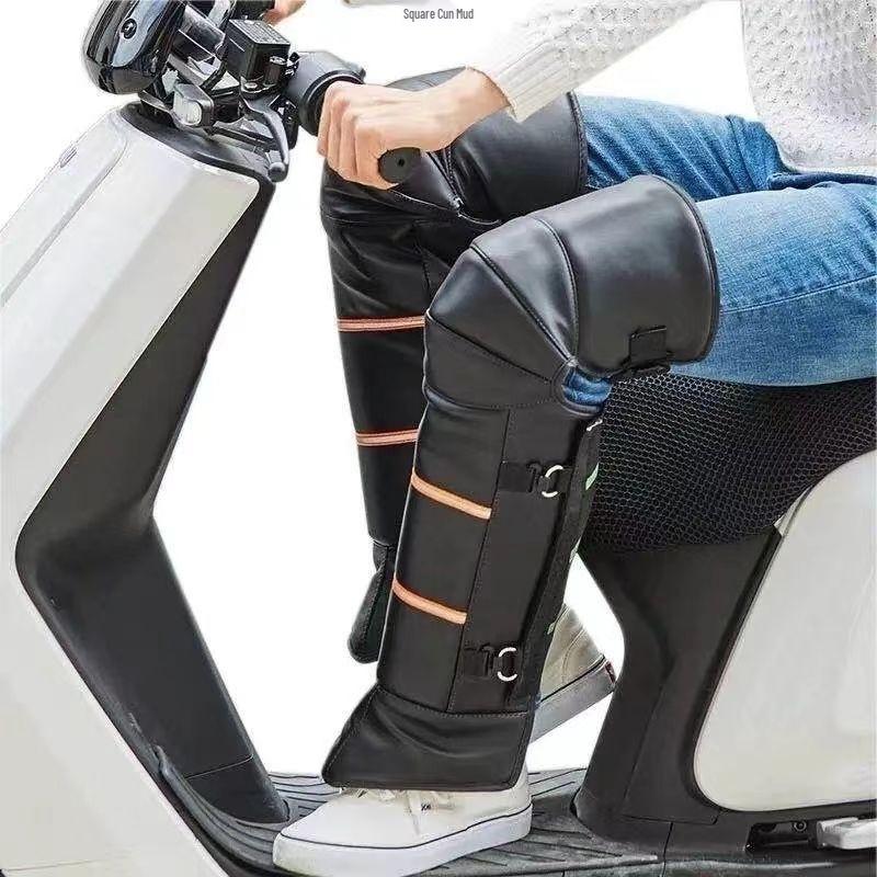 Genuine Leather Wool Knee Pads with Fleece Lining - Winter Cold Protection & Windproof for Motorcycle and Electric Scooter Riding