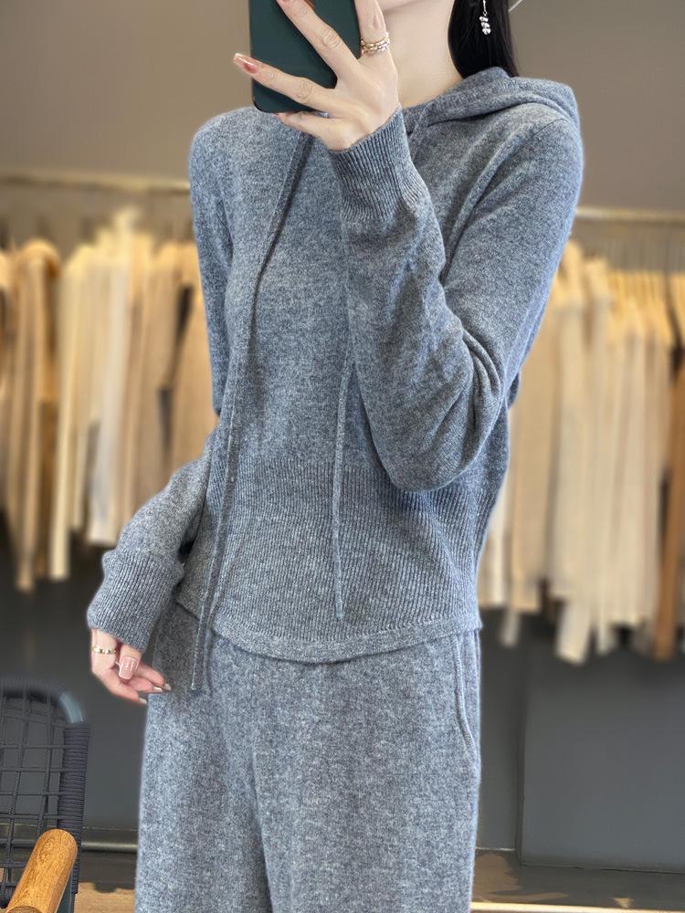 Autumn Gray Wool Slim-Fit Pants & Hooded Knit Sweatshirt Set - Korean Socialite Style