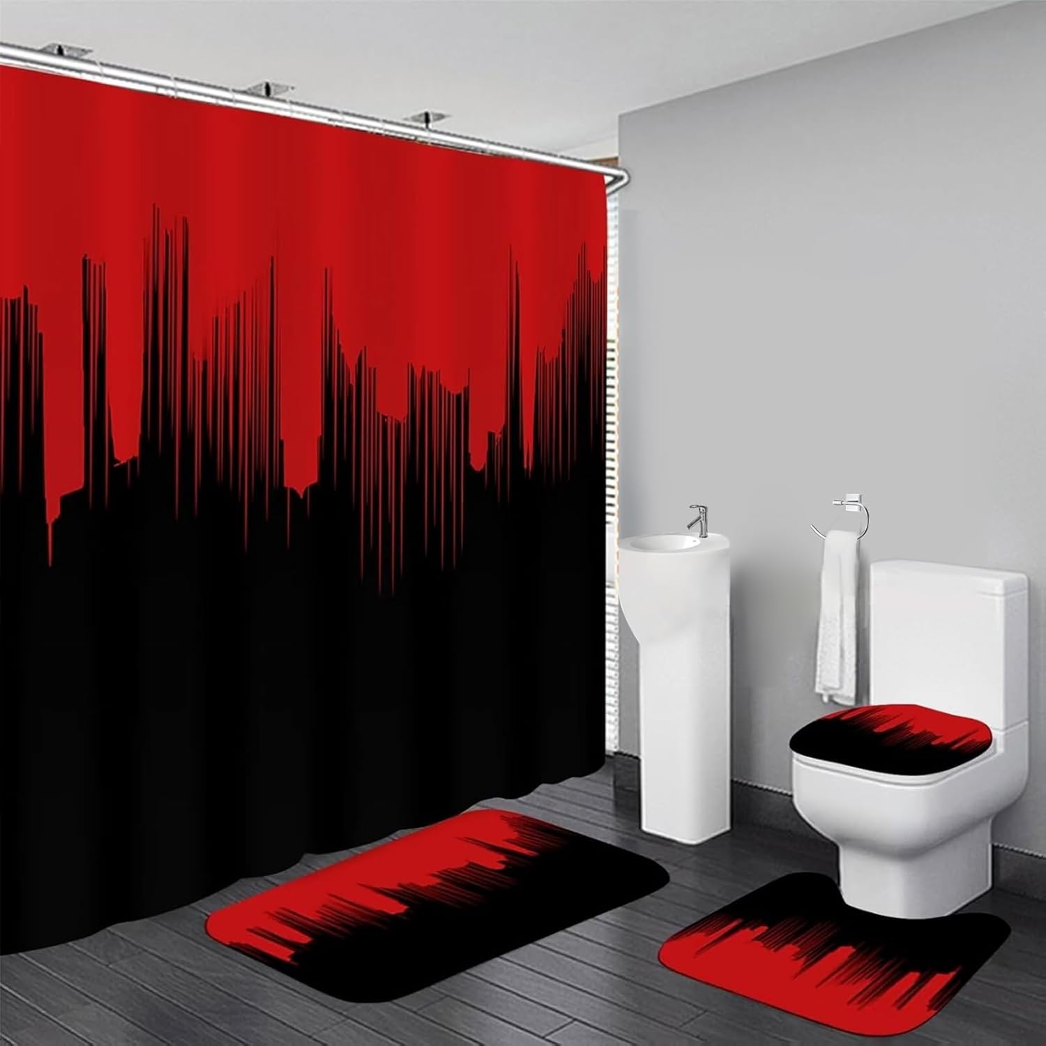 

4Pcs Bathroom Shower Curtain Set Red and Black Bathroom Curtain With 12 Hooks Non Slip Rugs Toilet Cover Mat Bathroom Partition 4Pcs set