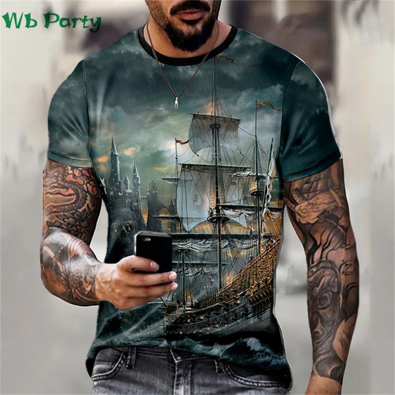 Pattern Print Mens Clothing T Shirt for Men Short Sleeve Tee Gym Clothing Men Male T-shirt Pirate Ship Print Clothes