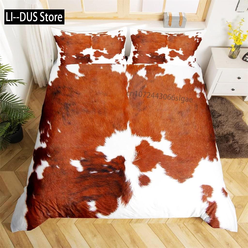 Brown Cowhide Duvet Cover Patchwork Cow Fur Farm Animal Bedding Set Western Farmhouse Retro Style Quilt Cover For Bedroom Decor