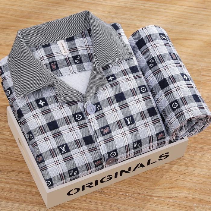 Men's Cotton Plaid Pajamas - Long-Sleeved Cardigan, Lapel, Plus Size, Perfect for Autumn and Winter.