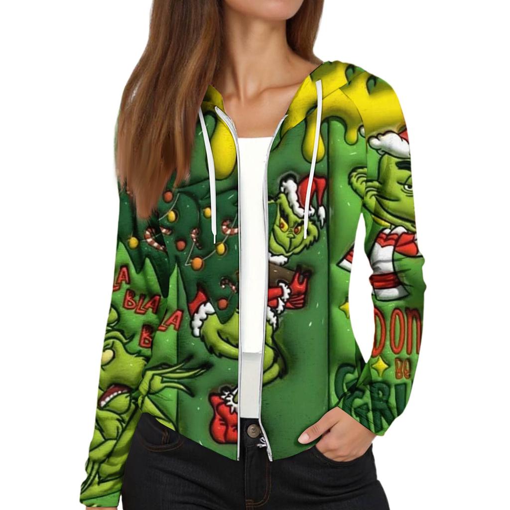 Women's Fashion Christmas Print Casual Zip-Up Long-Sleeved Hooded Jacket