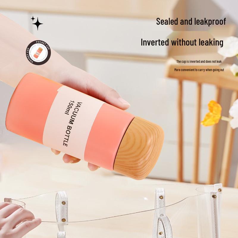 Portable Mini Stainless Steel Water Cup with Wood Grain Lid - Thermal & Cold Insulation, Cute for Student & Home Use.