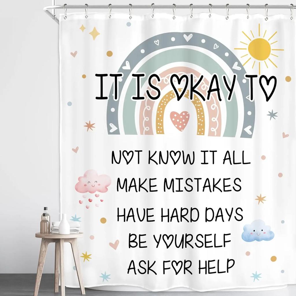 Kids Rainbow Shower Curtain Cartoon Cute Stars Clouds Love Inspirational Quotes Flower Boy Girl Polyester Bathroom Decor Curtain