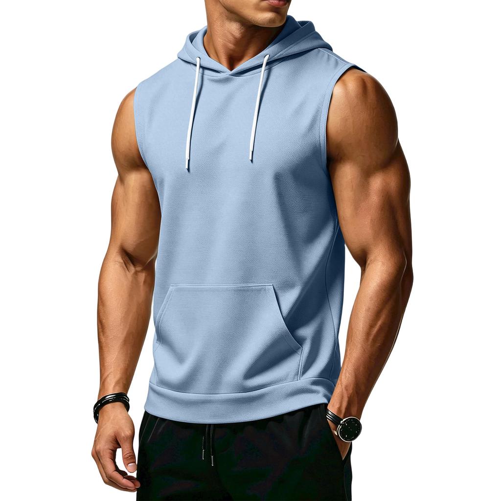 Men's Sleeveless Hoodie Casual Sportswear Muscle Fit Wide Shoulder Drawstring Hooded Pocket Tank Top