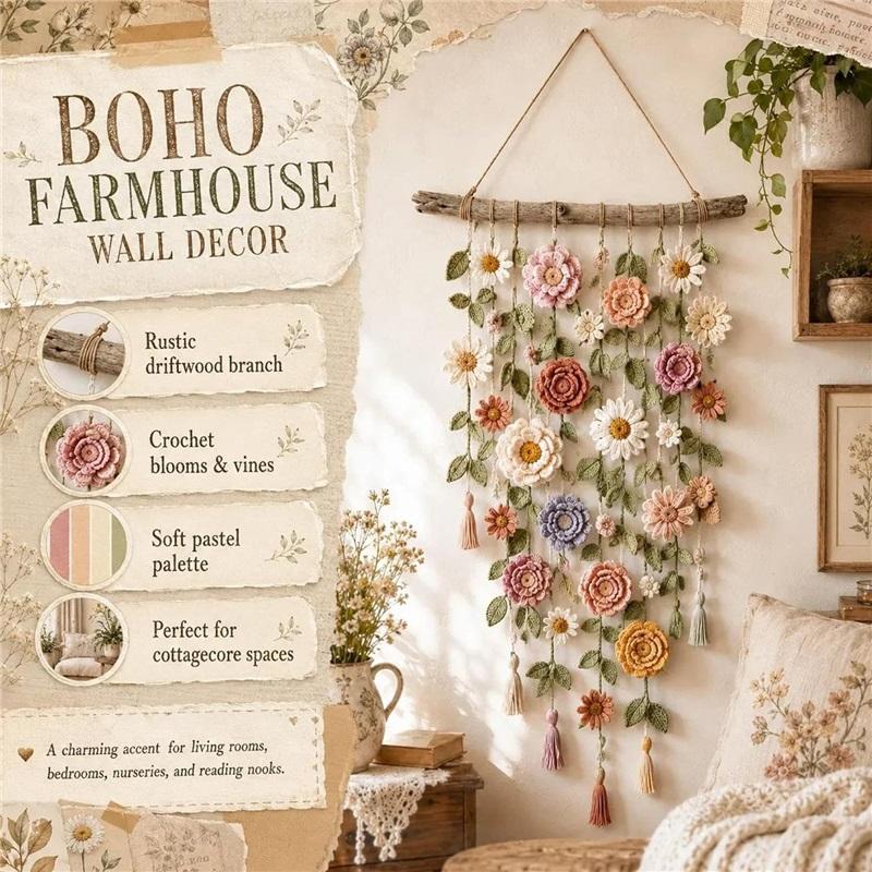 Handmade Cotton Floral Crochet Macrame Hanging Soft Artisan Wall Piece Boho Farmhouse Indoor Wall Art Ornament for Home Room