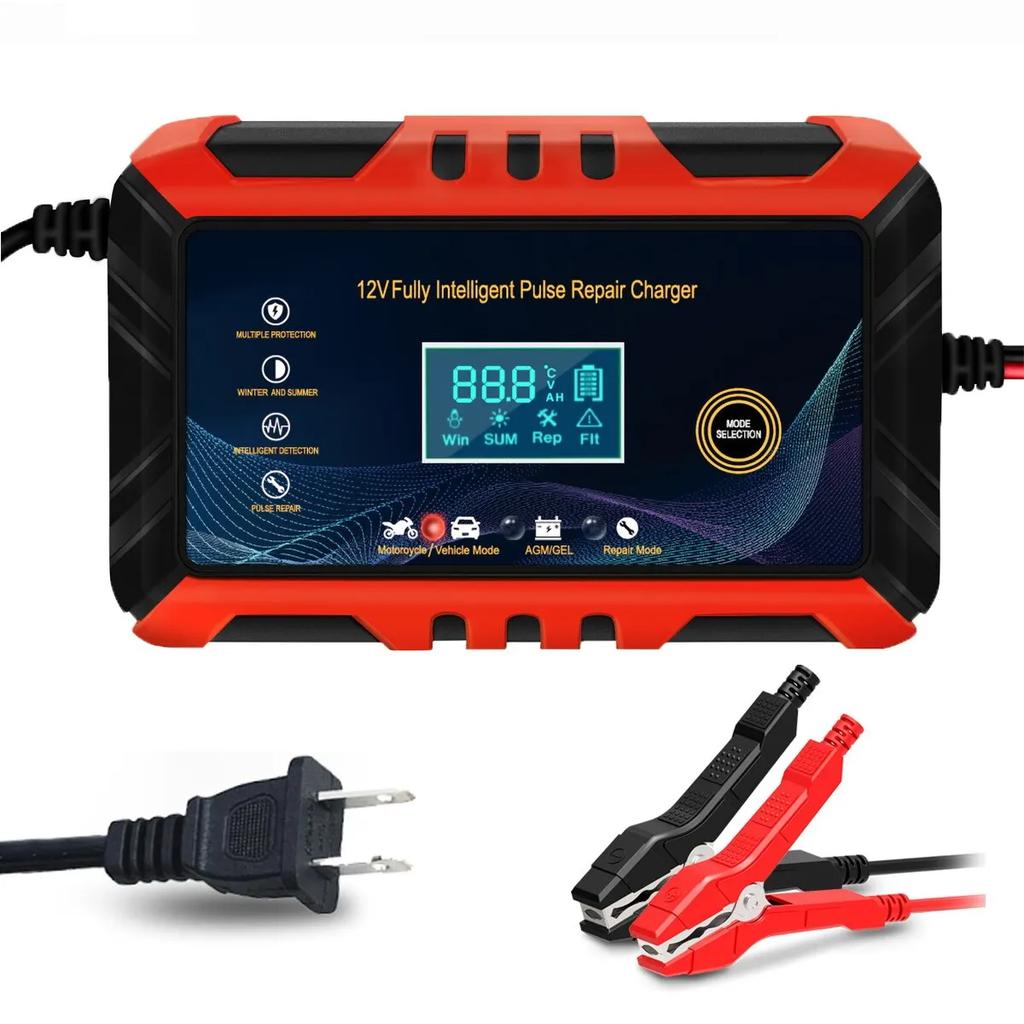 12V Intelligent Car & Motorcycle Battery Charger with LCD Display Pulse Repair Auto Battery Maintenance Charging Tool