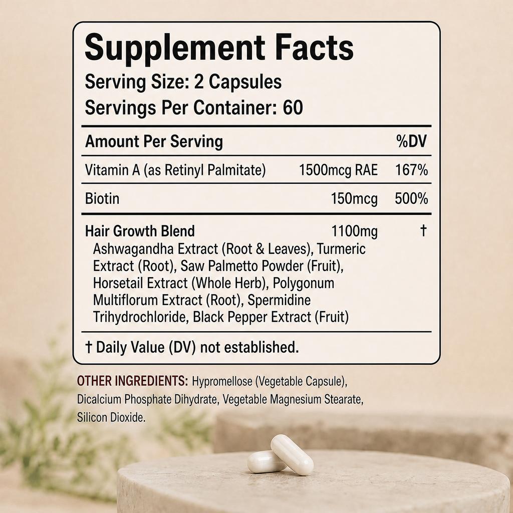 Hair & Nail Health Support Capsules 120 Count — Biotin & Vitamins, Daily Wellness, Beauty Supplement