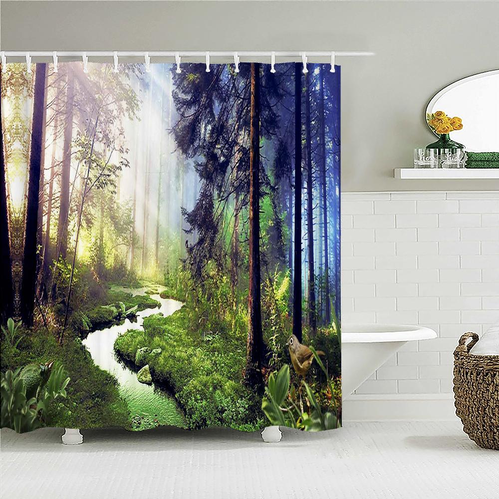 Tropical Rainforest Forest Shower Curtains Bathroom Curtain 3D Natural landscape Fabric Waterproof Bath Curtain with Hooks