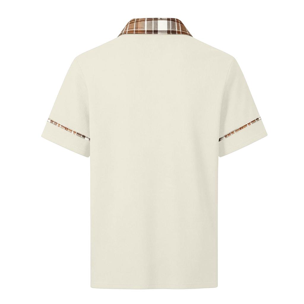 Heren Poloshirt met Korte Mouwen en Contrasterende Geruite Kraag en Knopenlijst Gestreept Design Casual Zomer Lichtgewicht Top