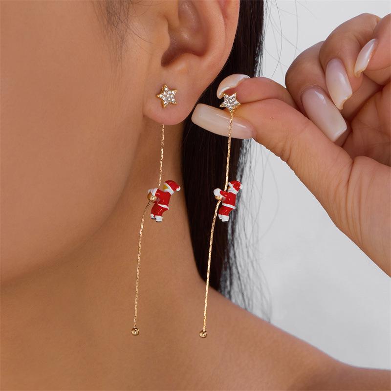Asymmetrical Christmas Tree & Climbing Santa Earrings with Colorful Inlaid Diamonds for Women