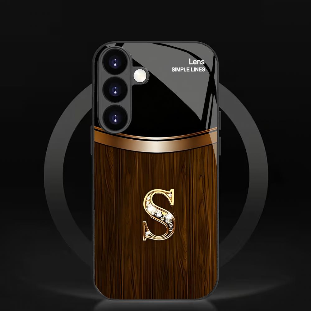 Wood grain letter S black glass phone case suitable for Samsung Galaxy S26 S25 S24 S23 S22 S21 S20 FE/Ultra/Plus anti drop