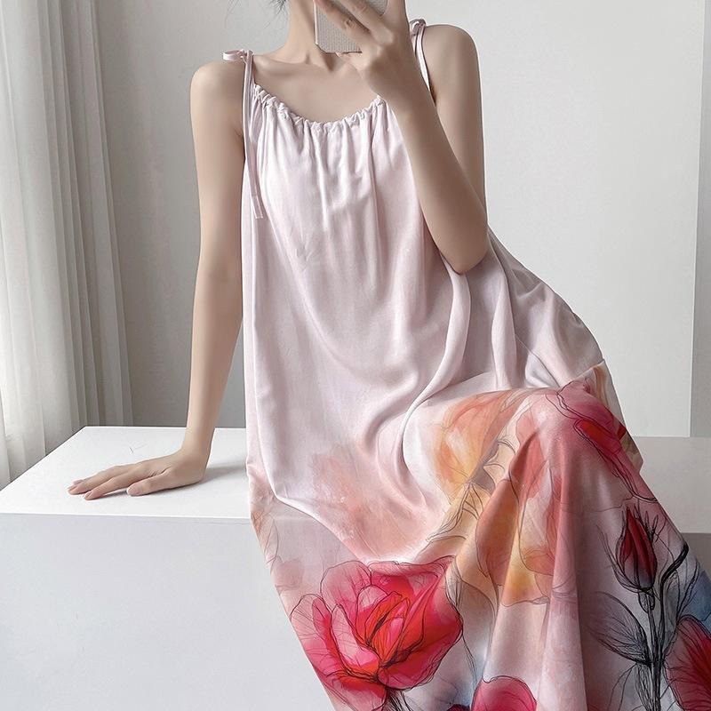 Cotton silk nightdress casual holiday wind gradual change color printing long dress loose suspenders summer dress pajamas