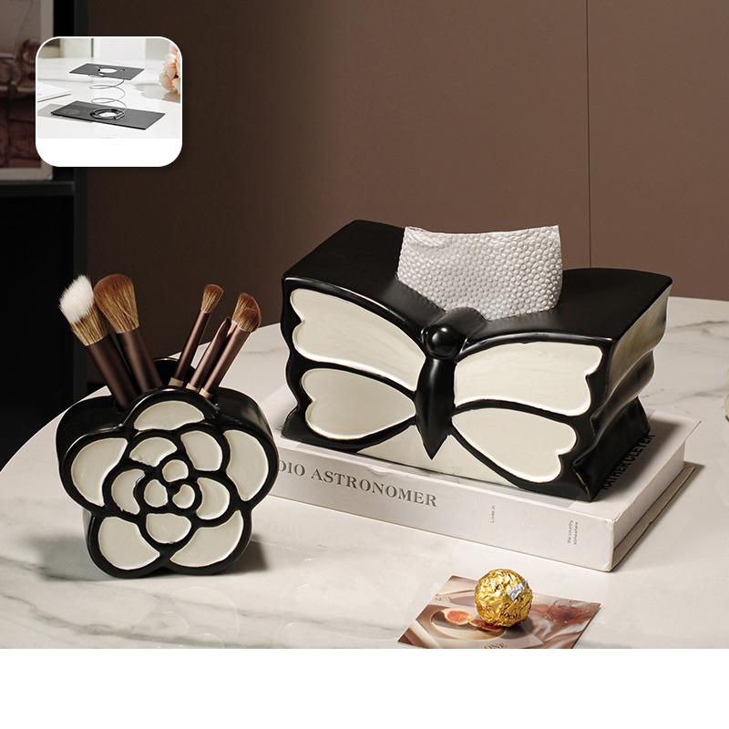 Black and White Butterfly Decorative Tissue Box Coffee Table Desk Decoration Ceramic Tissue Box Bedside Table Paper Towel Case