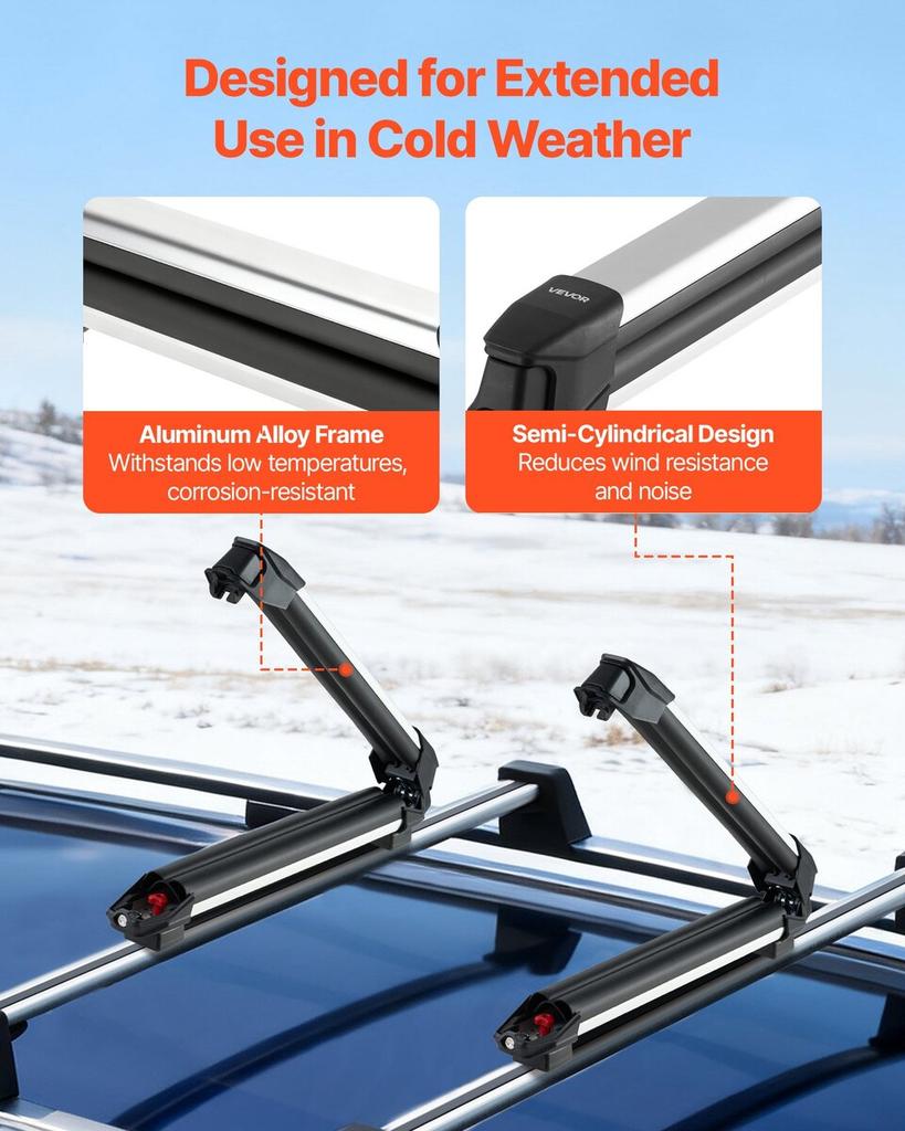 Ski & Snowboard Roof Rack, Carry up to 4 Pairs of Skis or 2 Snowboards, 2 PCS Aluminum Universal Car Roof Rack with Lock & Rubber Padding, Carrier for