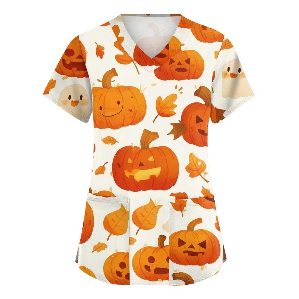 Dámské roztomilé potištěné pracovní oblečení Výstřih do V Dvouvrstvé kapsy Základní top s krátkým rukávem Pulovr