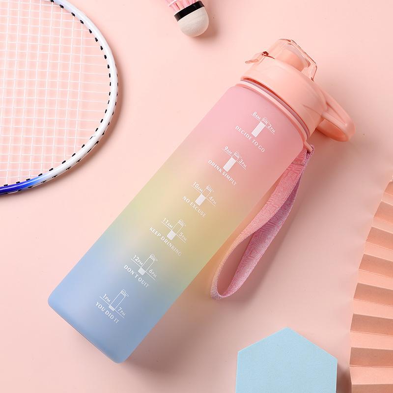 Water Bottle Hot Summer 1L Large Capacity Plastic Cup Gradual Change Matte Sports Water Cup Female and Male Students Portable Space Cup