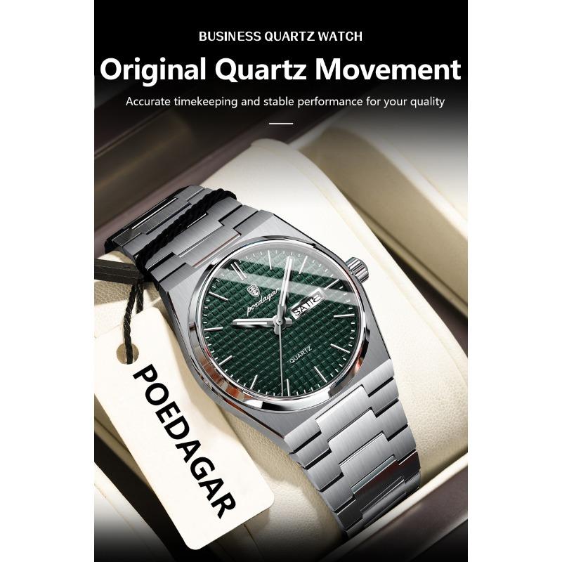 POEDAGAR Luxury Business Men's Quartz Watches Date Week Man Stainless Steel Watch Waterproof Luminous Fashion Wristwatch+Box