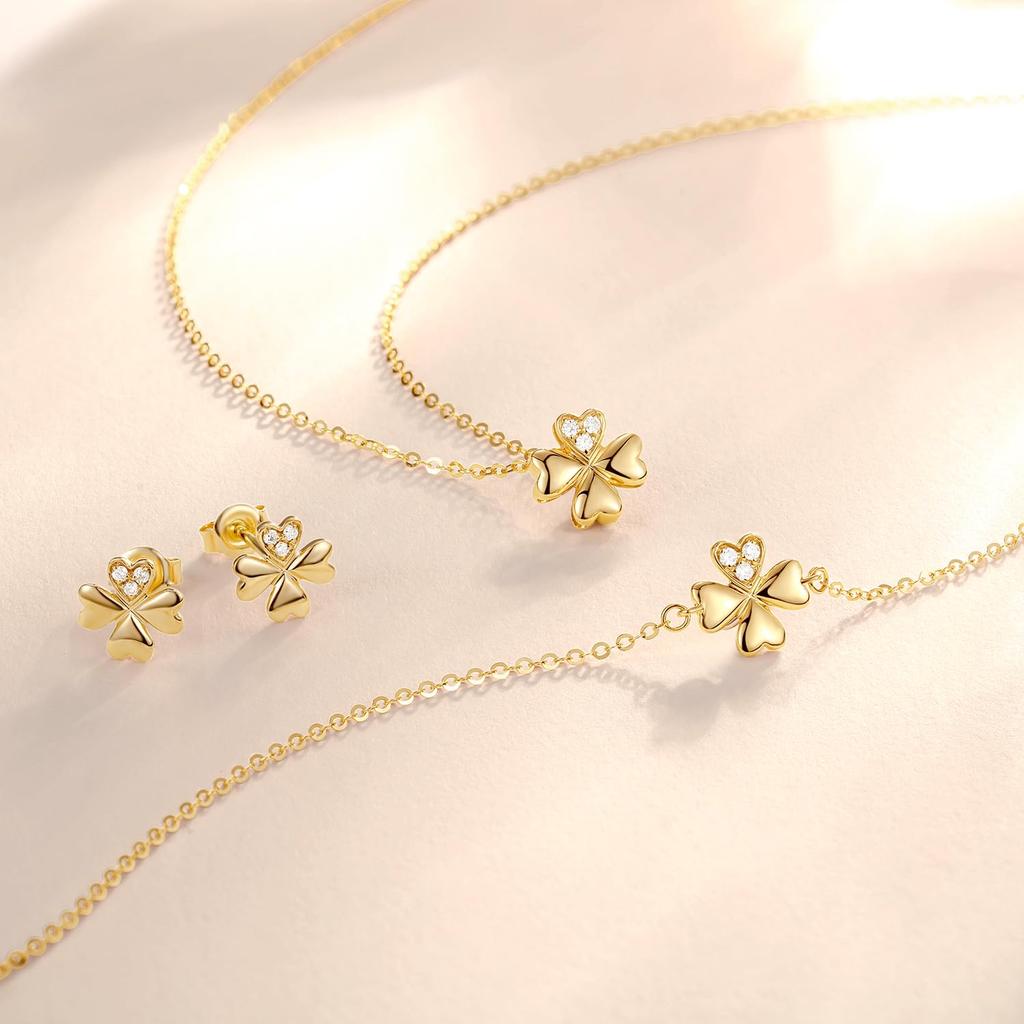FANCIME 18K Gold Diamond Necklace for Clover 18K Yellow Perfect Gift for Gift Wrapping Included Women, Lab-Grown Diamonds, Four-Leaf Design, Gold,