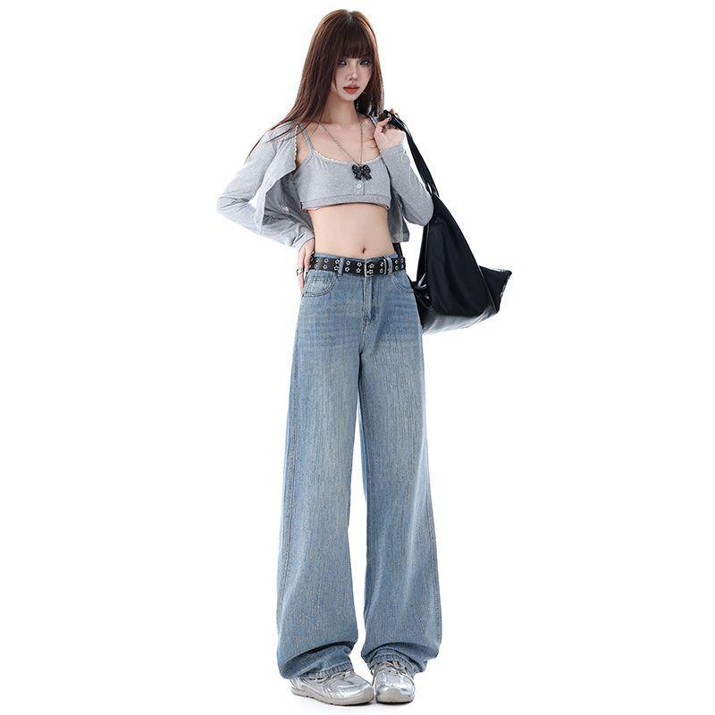 

Women s Sky Star Rhinestone Light Blue Jeans: 2026 Spring High Waist American Style Slim Straight Wide Leg Trousers S
