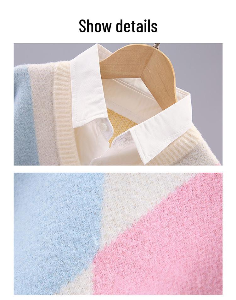 Girls' Knitted Two-Piece Sweater - Spring/Autumn Spliced Style for Children