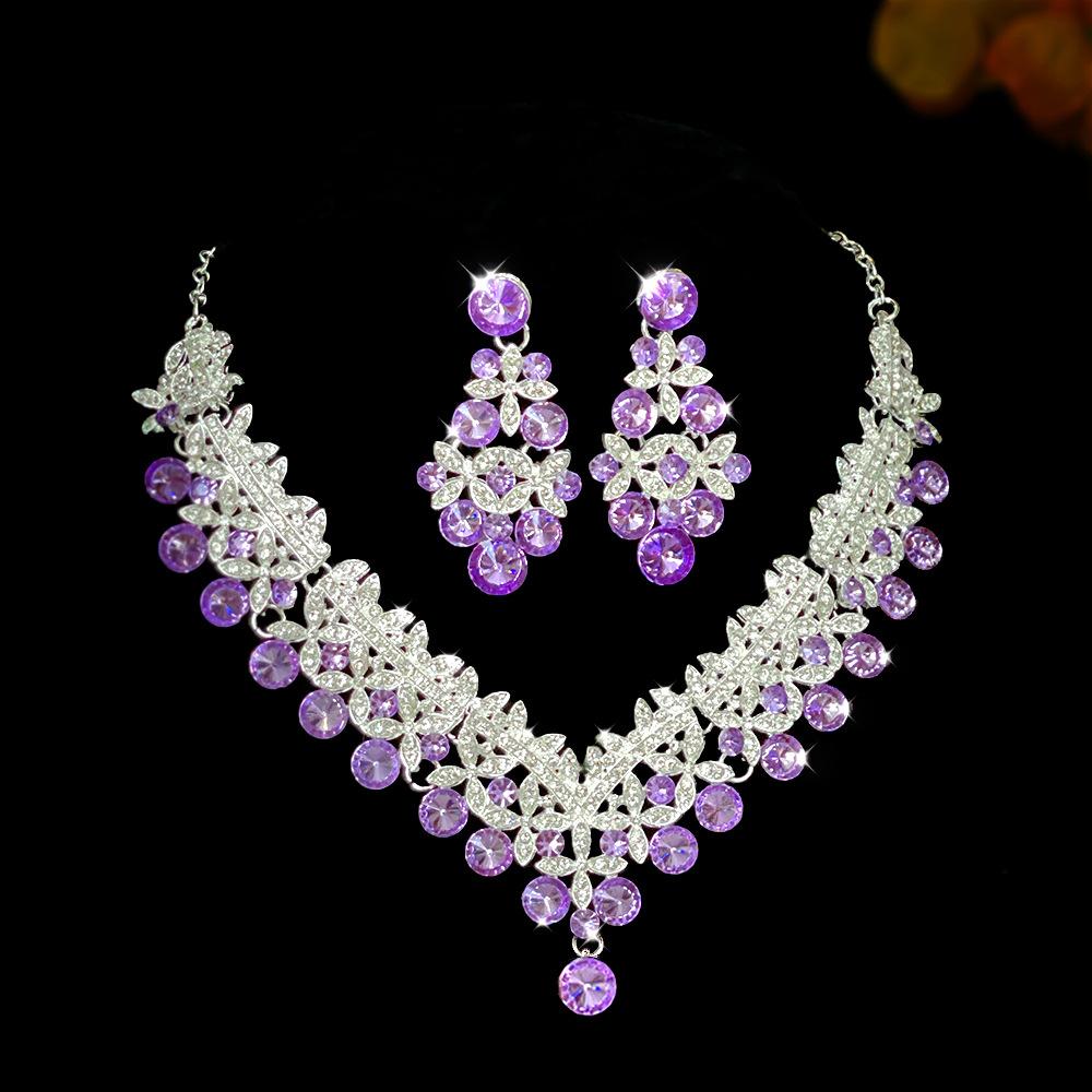 Exquisite Colored Rhinestone Necklace Earrings Set Party Dress Accessories Necklace
