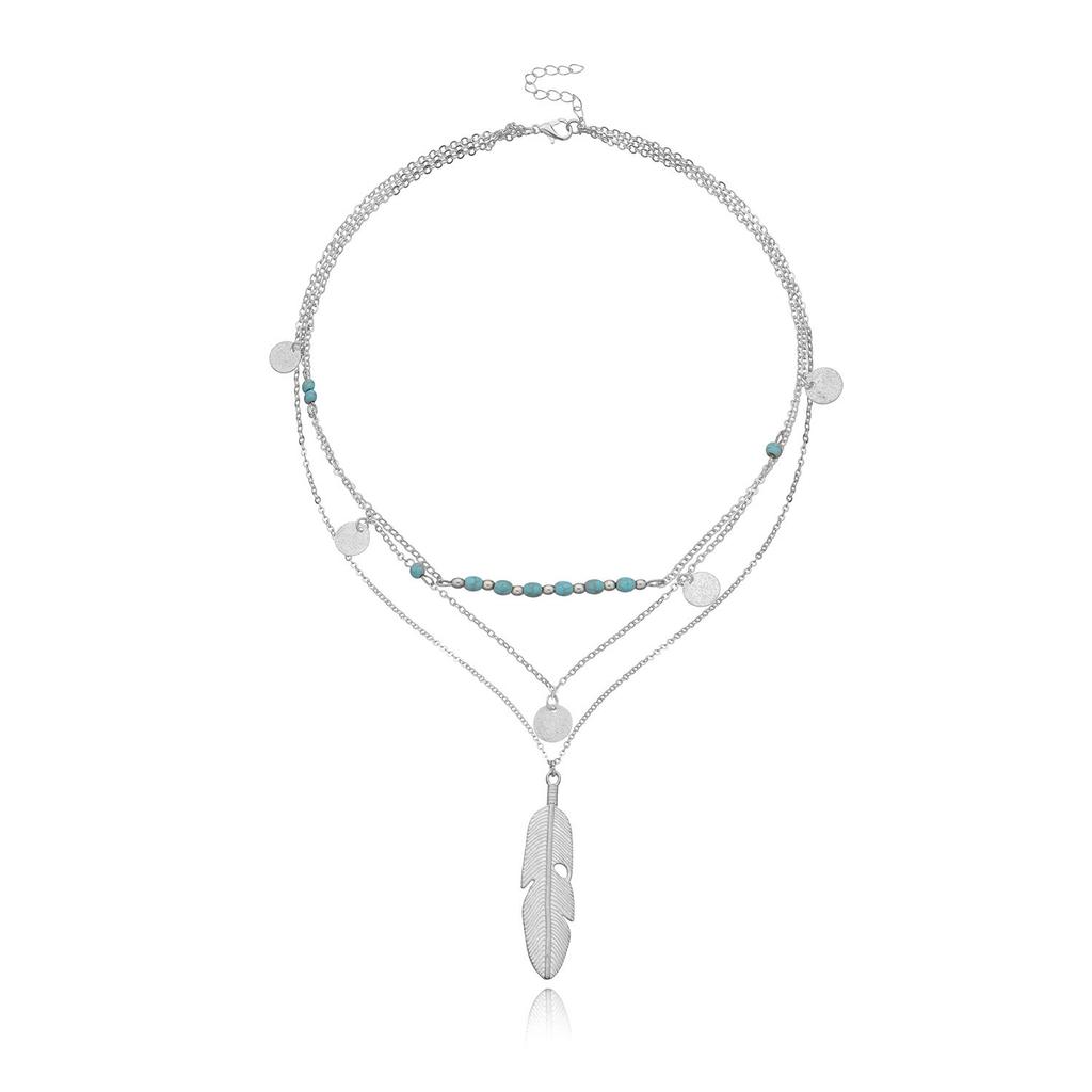 Feather Turquoise Bead Sequined Multi-layer Necklace