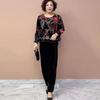 2PCS Pants Suts Spring Summer High-end Women's Printed Plus-Size Silk Blouse Velvet Pants Two-Piece Set Loose Flocked Velvet Blouse Velvet Pants Set