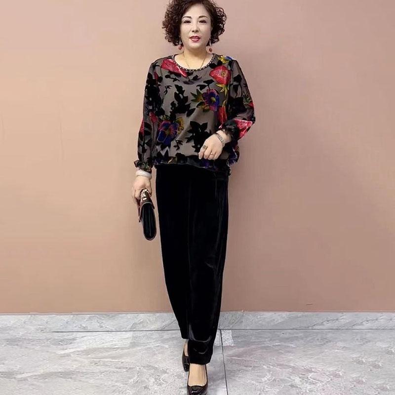 2PCS Pants Suts Spring Summer High-end Women's Printed Plus-Size Silk Blouse Velvet Pants Two-Piece Set Loose Flocked Velvet Blouse Velvet Pants Set