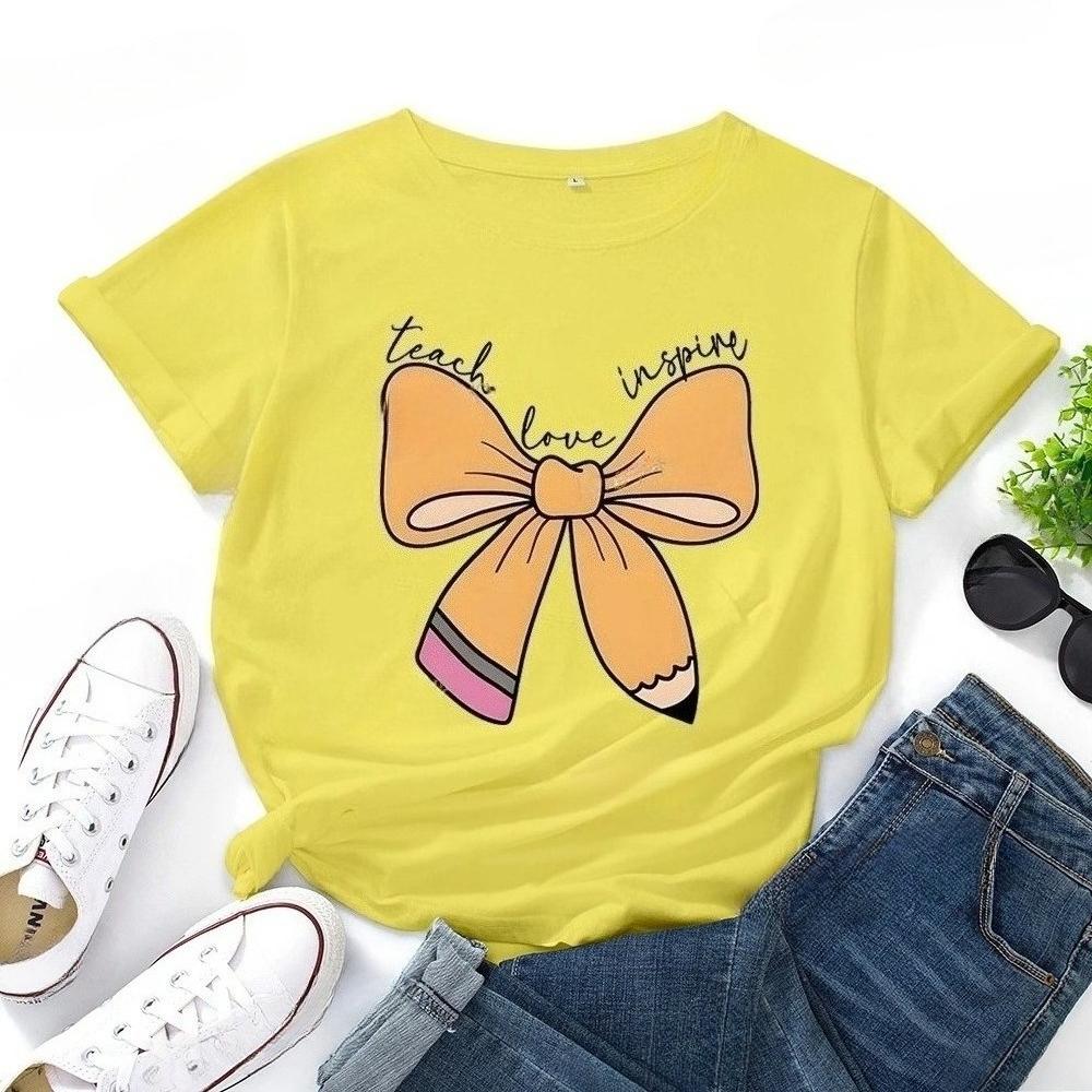Cute cartoon pencil bow print Tshirt casual round neck short sleeved versatile Womens Tshirt