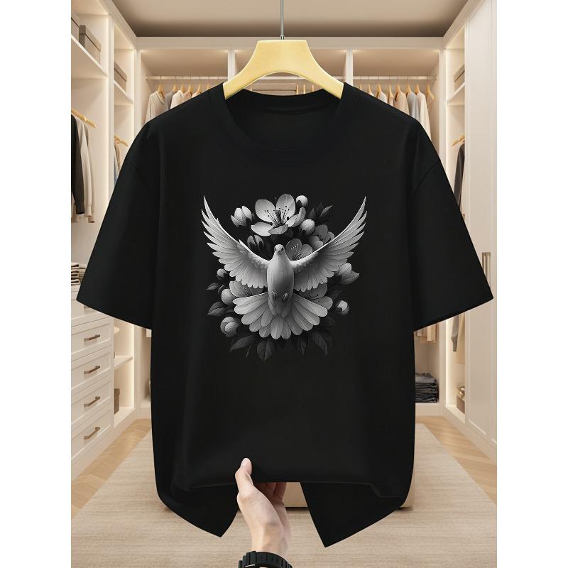 European Size Men's Cotton T-Shirt - Dove&Floral Print Short Sleeve Round Neck Casual Summer Top, Breathable Basic Tee for Spring Summer Fall Layering
