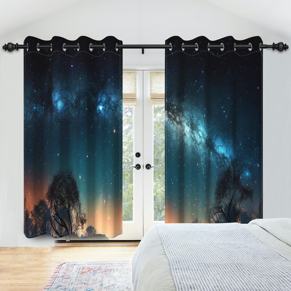 Blackout Dreamy Starry Sky Printed Curtain Galaxy Aurora Cosmic Night Kids Bedroom Living Room Study Decor Set Of 2 Made Polyester Washable Ready