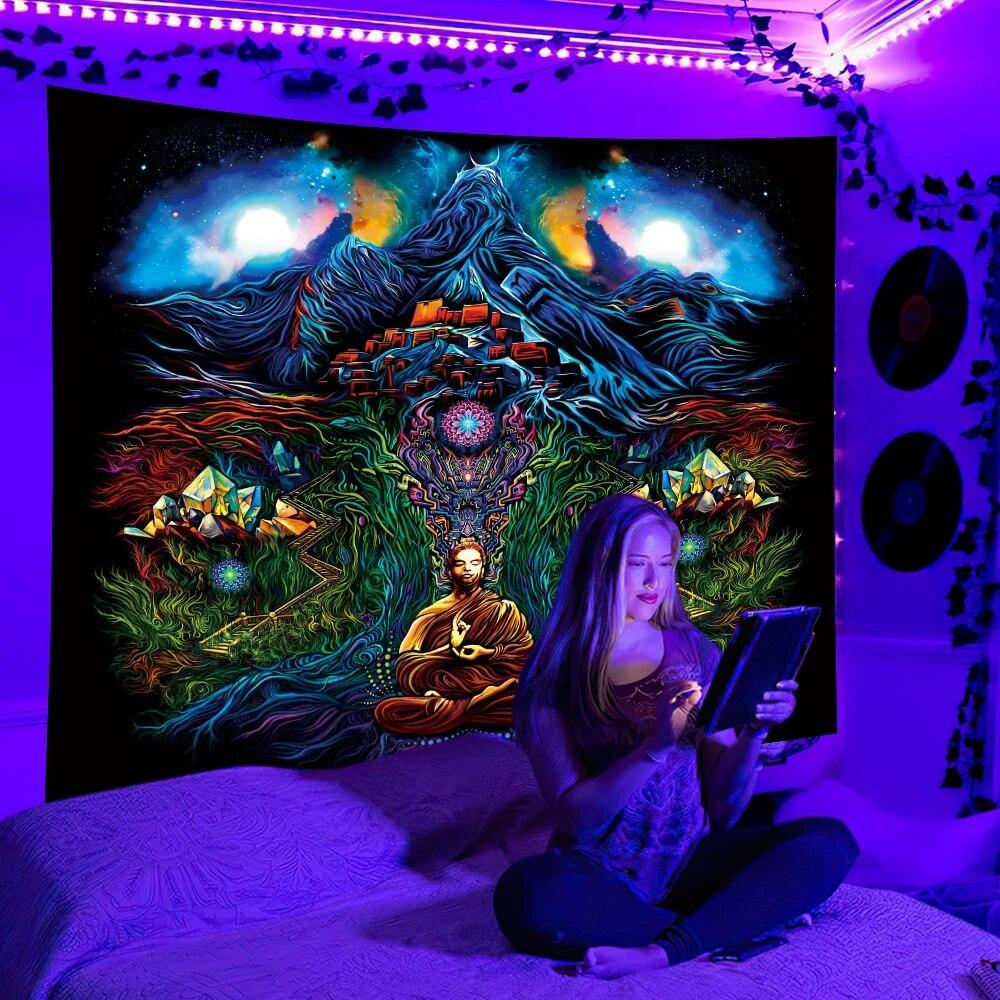 

Черный свет УФ-реактивный психоделический космический гобелен настенный хиппи для спальни в общежитии независимое украшение комнаты 100x75cm