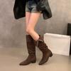High-heeled Coffee-colored Suede Stacked Medium Tube Cycling Boots Women's Shoes Spring, Autumn and Winter Pointed Thin Long Tube Long Boots
