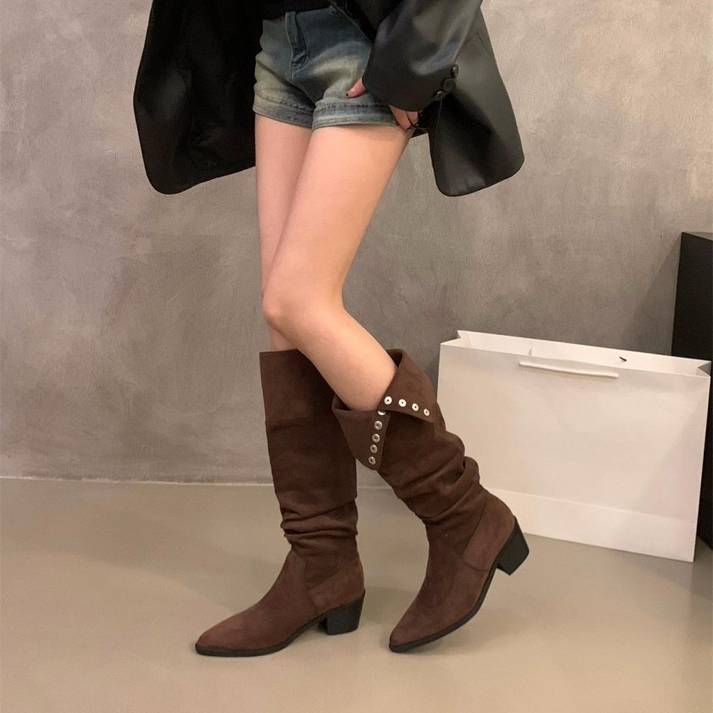High-heeled Coffee-colored Suede Stacked Medium Tube Cycling Boots Women's Shoes Spring, Autumn and Winter Pointed Thin Long Tube Long Boots