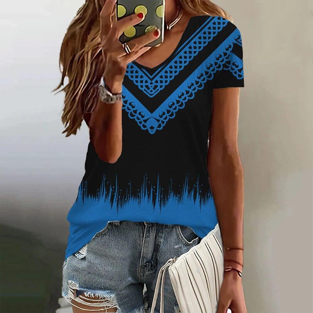 Gradient Pattern Women's T Shirt Summer V Neck Casual Short Sleeve Tees Female Oversized Harajuku Clothing Fashion Girls Blouse