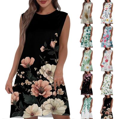 Women's Casual And Fashionable Round-neck Sleeveless Printing Mid Length Dress