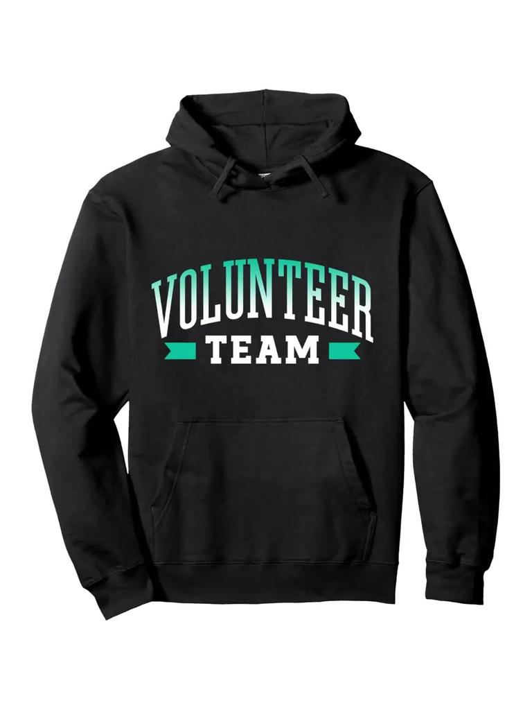 Casual Hoodie with "VOLUNTEER TEAM" Graphic - Black Pullover with Green & White Design
