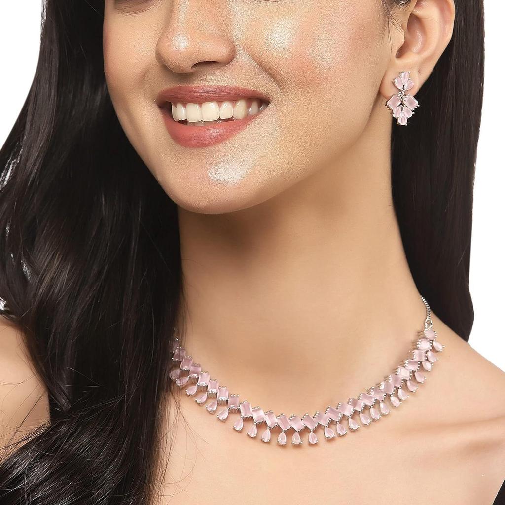 Rhodium-Plated Silver Toned Pear Shaped American Diamond Studded Necklace with Earrings Jewellery Set with Girls and Women